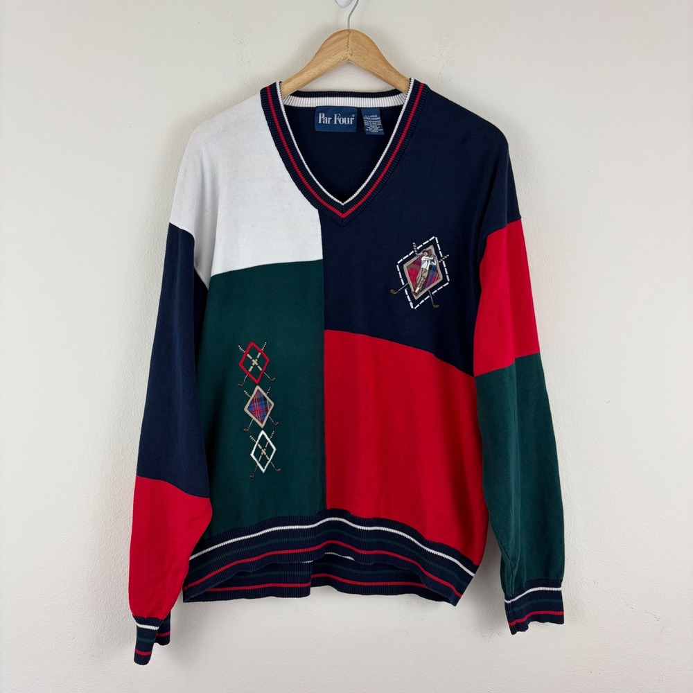 Par Four Vintage Mens XL Preppy Grandpacore Golf Sweater V-Neck Navy Red Green